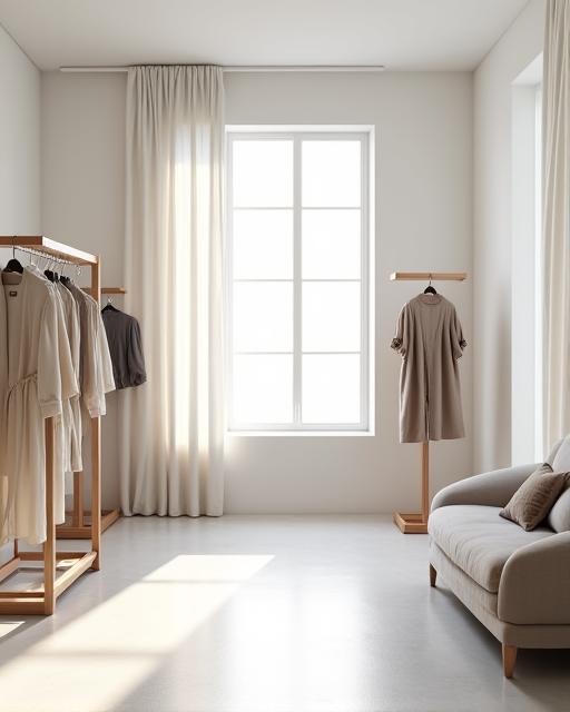 자연광이 들어오는 미니멀한 디자인의 스타일링 스튜디오 내부.